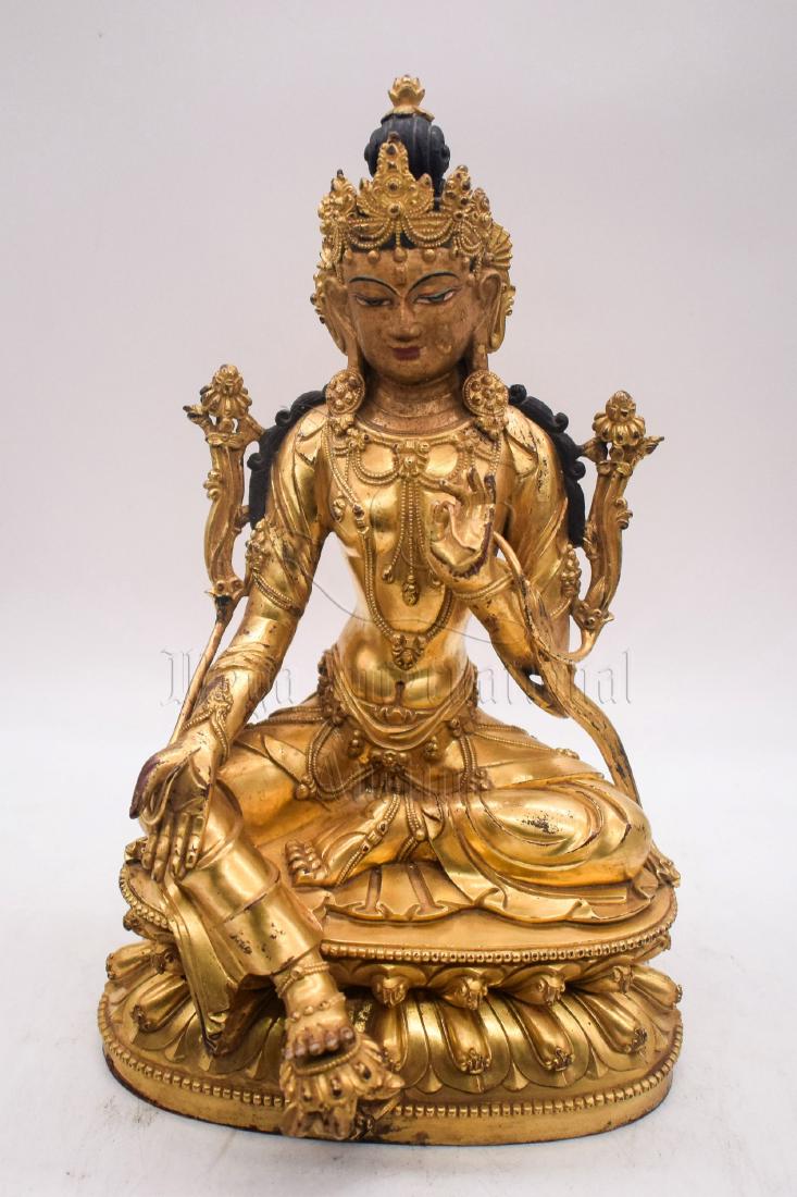 GILT BRONZE CAST 'GREEN TARA' SEATED FIGURE (1 of 7)