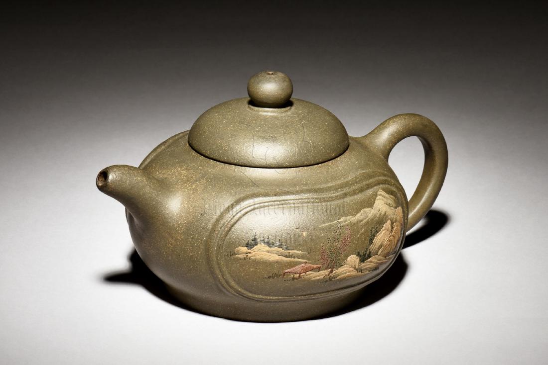 YIXING ZISHA 'LANDSCAPE SCENERY' TEAPOT (1 of 6)