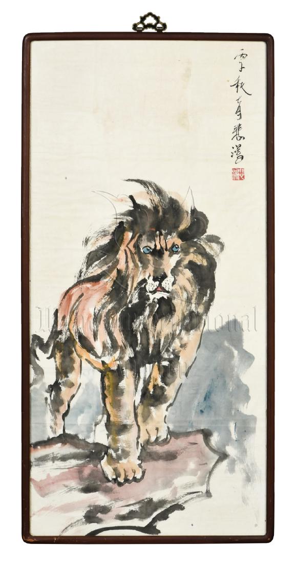 XU BEIHONG: FRAMED INK AND COLOR ON PAPER PAINTING: Ink and color on paper, framed. The painting depicts a majestic lion walking on the ledges with head raised, artist signature and mark Xu Beihong on top right. Length: 26 1/2 in (67.3 cm) Width: 17 in