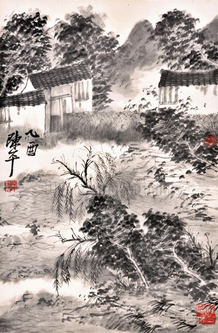 CHEN PING: INK ON PAPER PAINTING 'LANDSCAPE SCENERY': Ink on paper, vertical scroll. The painting depicts landscape scenery consists of mountains, trees, houses, ponds, and grass, artist signature and mark Chen Ping on the left side. Length: 26 1/2 in (6
