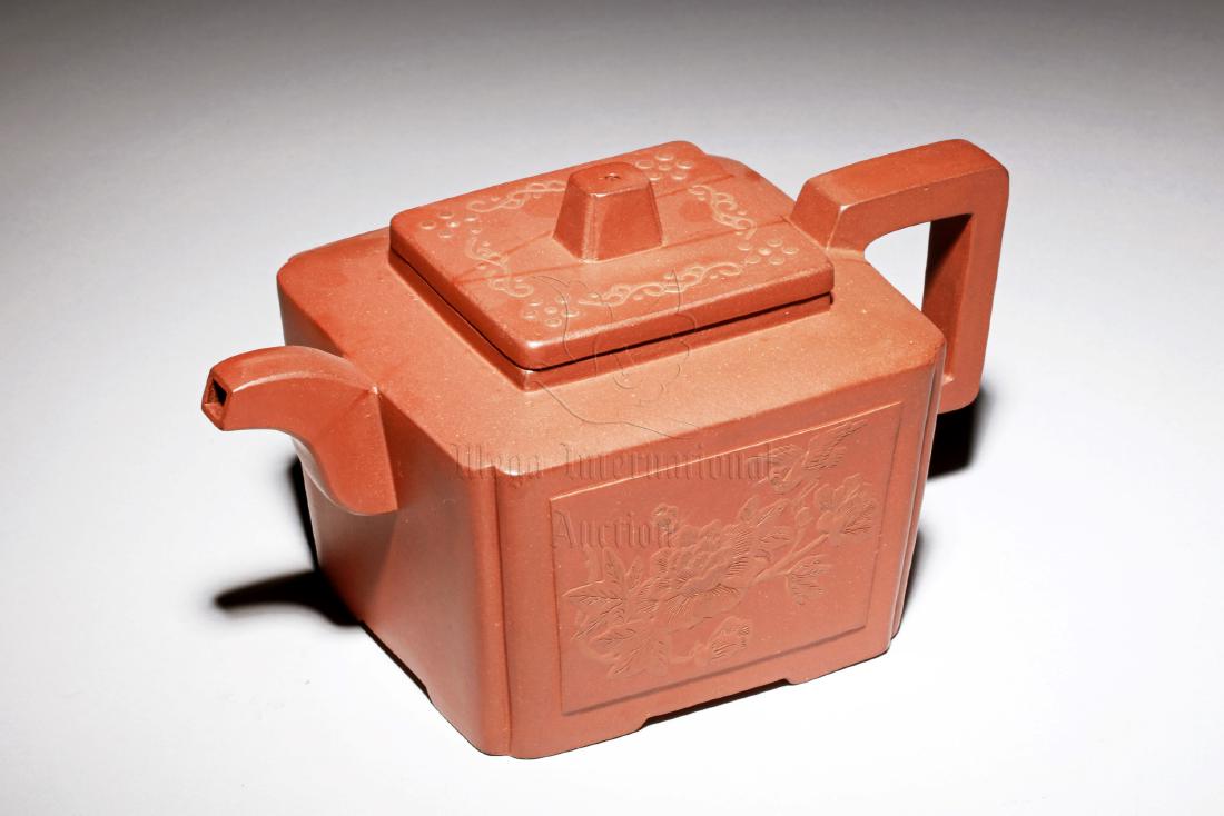 YIXING ZISHA 'FLOWERS & CALLIGRAPHY' RECTANGULAR TEAPOT (1 of 6)