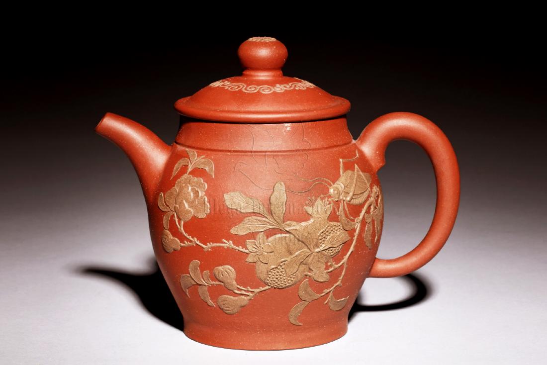 YIXING ZISHA 'FLOWERS AND INSECT' TEAPOT (1 of 5)
