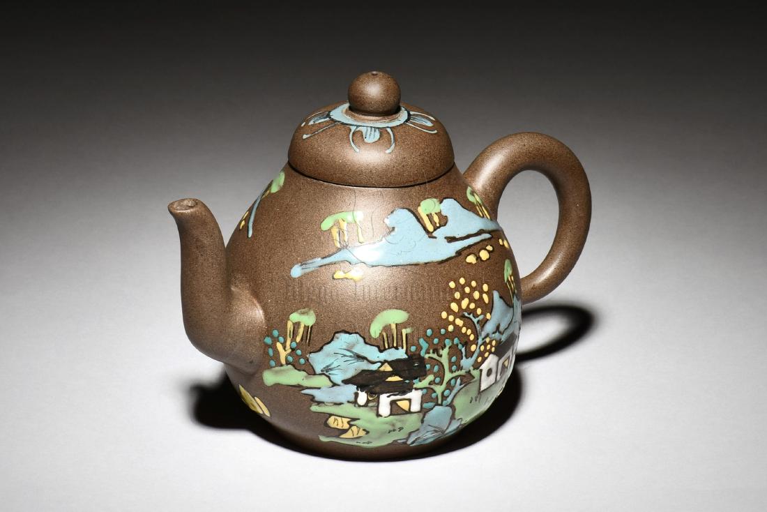 YIXING ZISHA PAINTED 'LANDSCAPE SCENERY' TEAPOT (1 of 6)