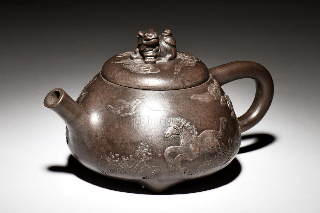 YIXING ZISHA 'MYTHICAL BEASTS' TRIPOD TEAPOT (1 of 6)