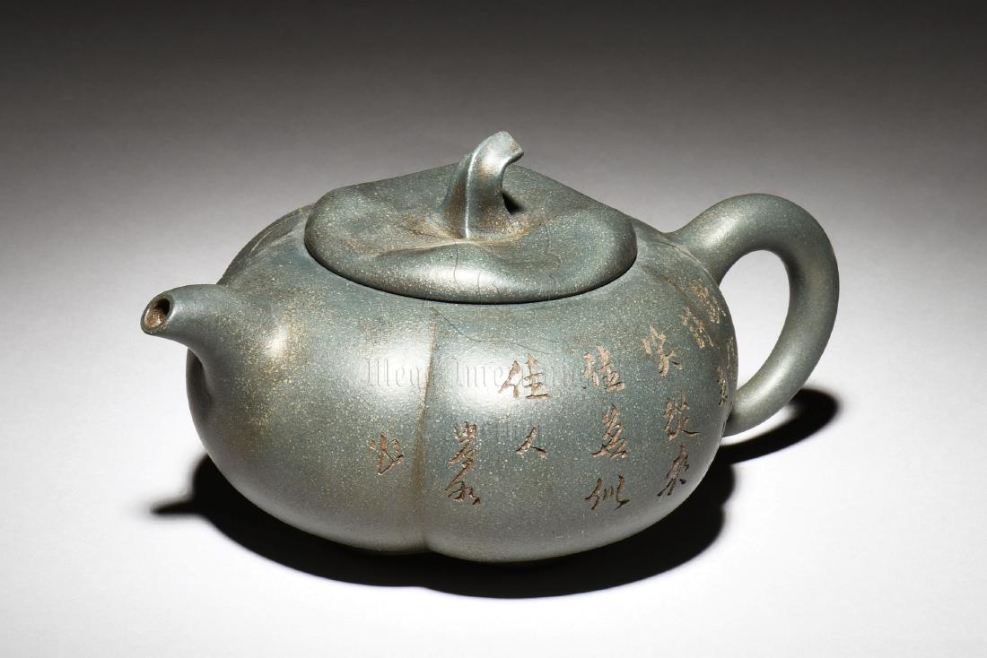 YIXING ZISHA 'LANDSCAPE & CALLIGRAPHY' MELON TEAPOT (1 of 7)