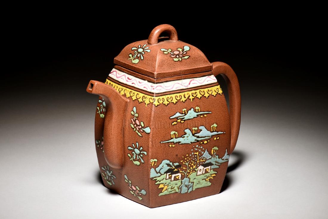YIXING ZISHA PAINTED 'LANDSCAPE SCENERY' TEAPOT (1 of 8)