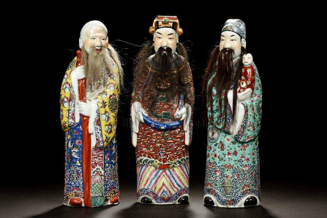SET OF THREE FAMILLE ROSE 'FU LU SHOU' FIGURES (1 of 9)