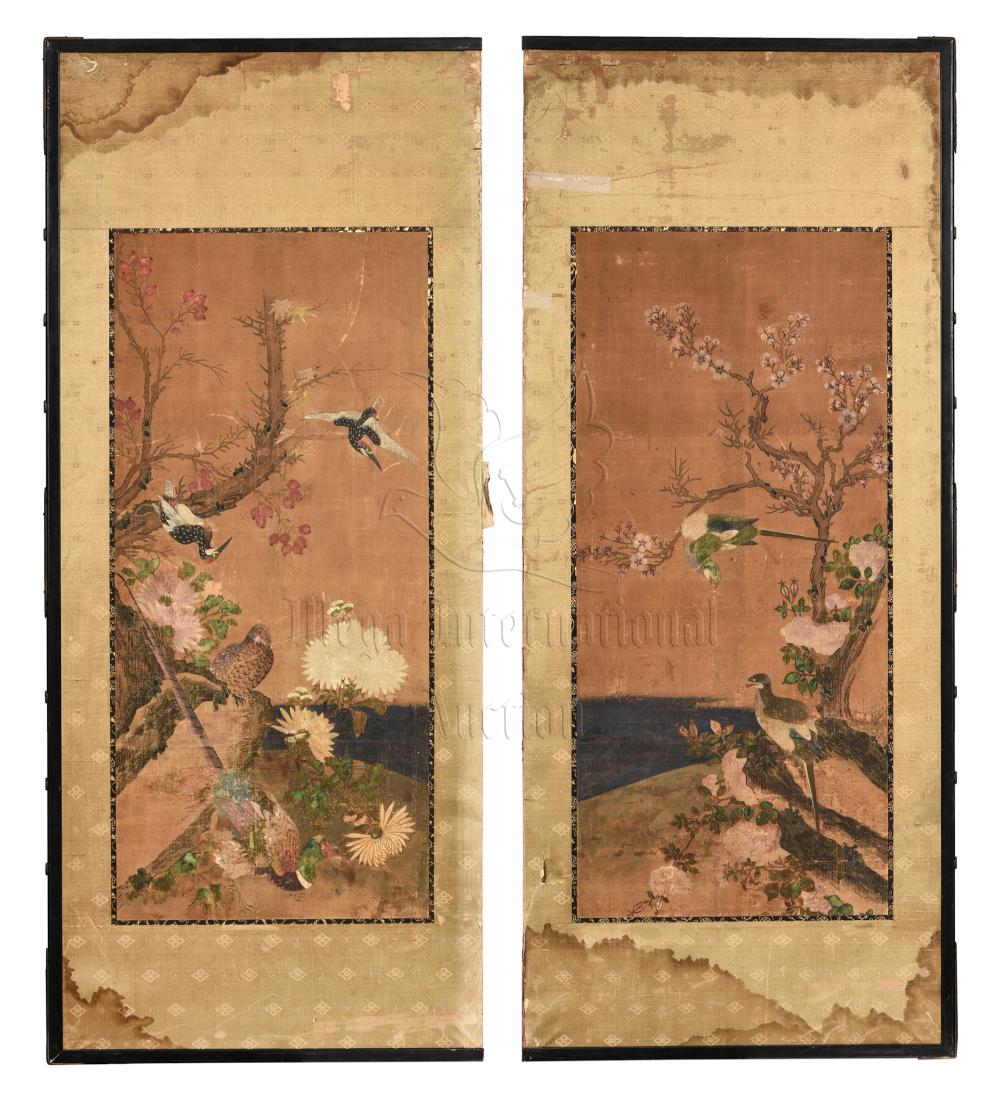 TWO JAPANESE INK AND COLOR ON CLOTH SCREEN PANELS (1 of 16)