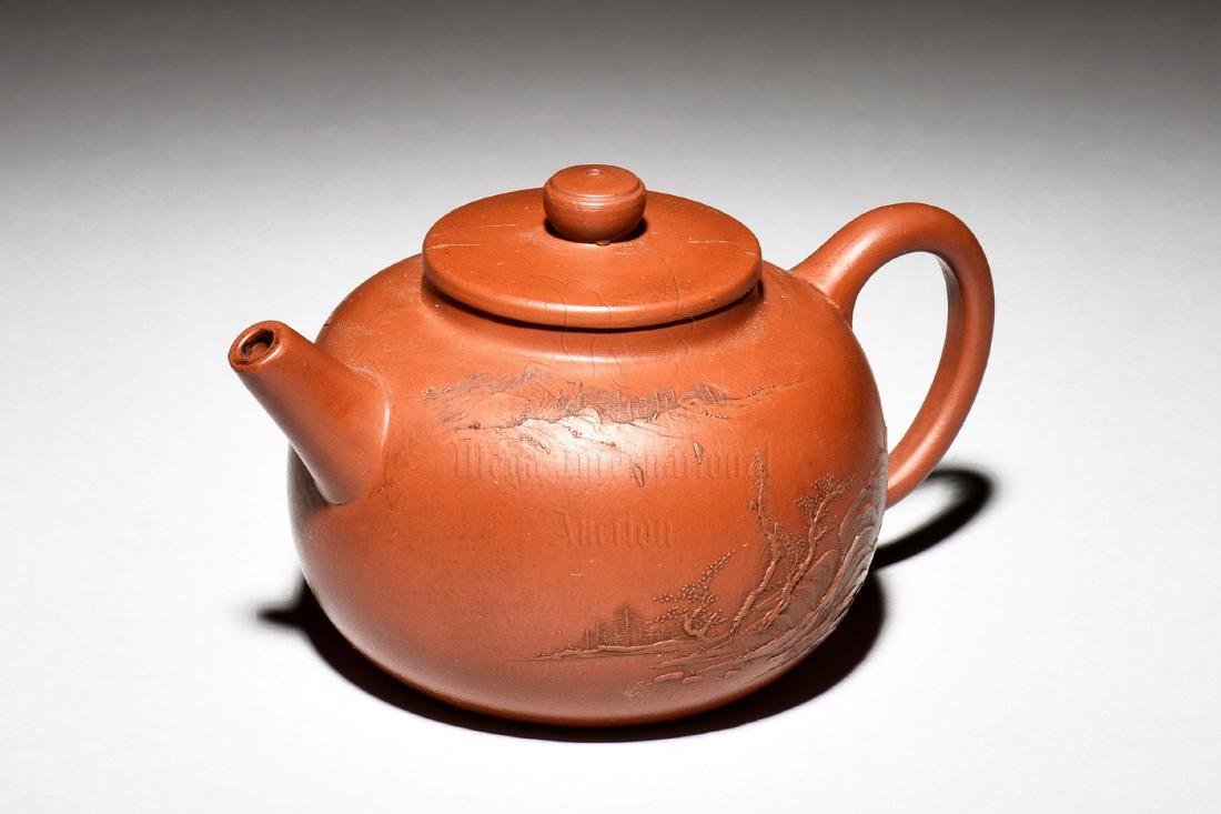 YIXING ZISHA 'LANDSCAPE & CALLIGRAPHY' TEAPOT (1 of 6)
