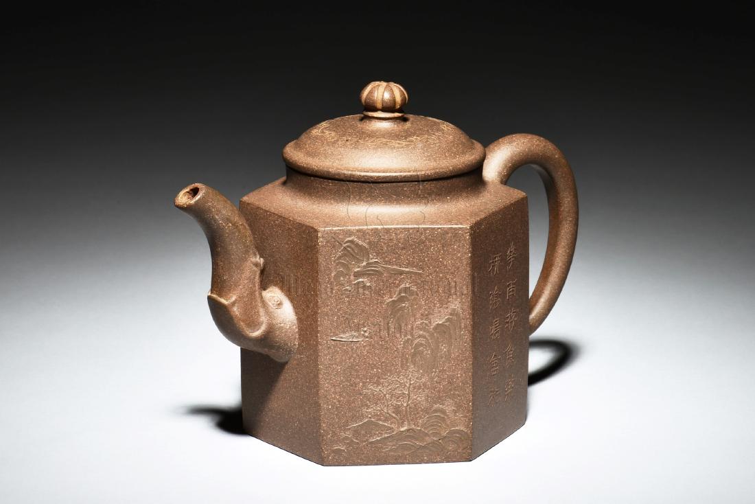YIXING ZISHA TEAPOT 'LANDSCAPE AND CALLIGRAPHY' (1 of 6)