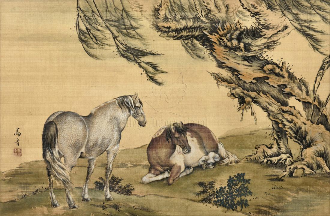 MA JIN: FRAMED INK AND COLOR ON SILK PAINTING 'HORSES' (1 of 6)