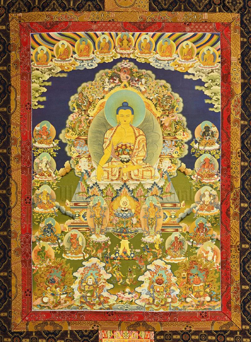 EMBROIDERED THANGKA: The embroidered Thangka depicts large Bodhisattva seated in the center throne pad in front of mandorla, surrounded by various deities and Bodhisattva, holding a ritual vessel and smiling in serene exp