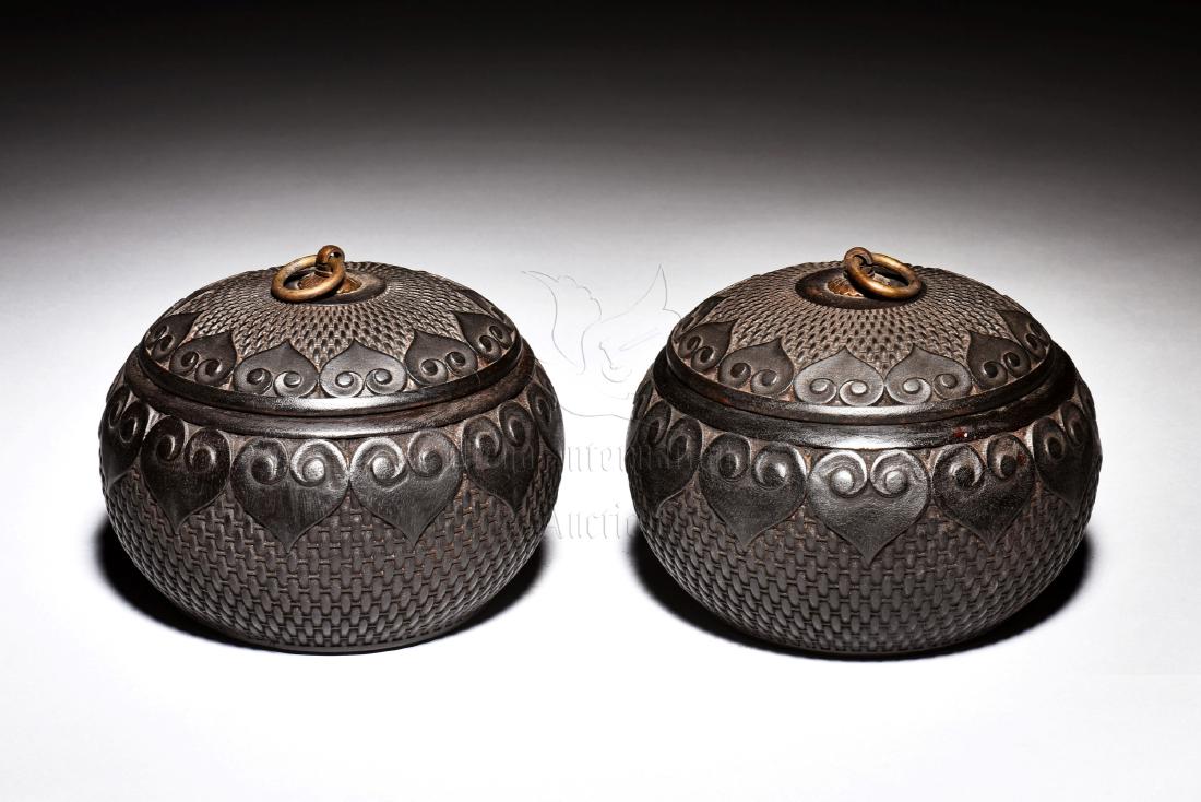 PAIR OF ZITAN WOOD CARVED GO BOARD GAME PIECES JARS (1 of 8)