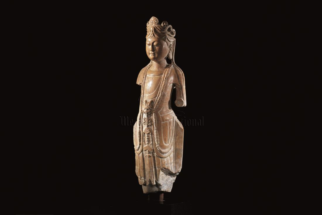 YELLOW LIMESTONE CARVED 'BODHISATTVA' FIGURE (1 of 4)