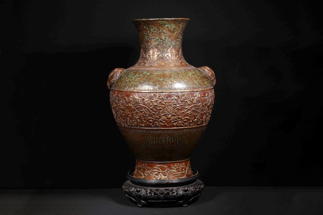 GILT BROWN GLAZED AND CARVED 'FLOWERS' LARGE VASE WITH (1 of 10)