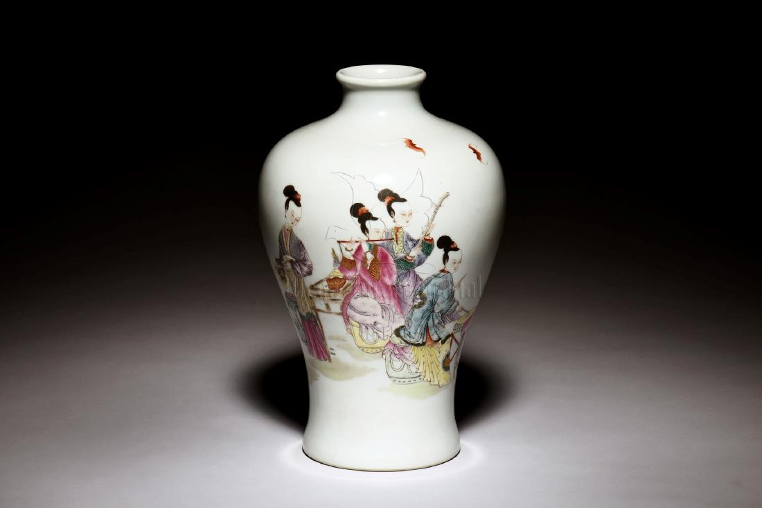 FAMILLE ROSE 'LADIES' VASE: The famille rose vase has wide shoulder tapering to elegant foot, body depicts musician ladies playing various traditional Chinese musical instruments in outdoor settings, bottom bears six character Y