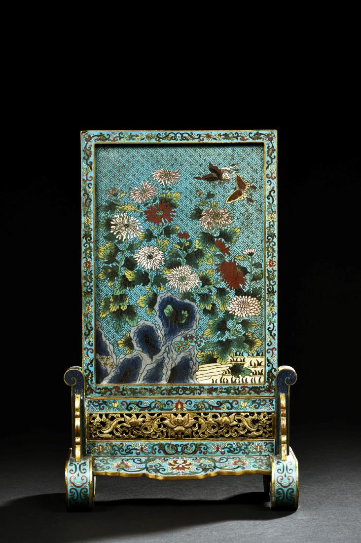 A CLOISONNE ENAMEL AND GILD TABLE SCREEN (1 of 10)