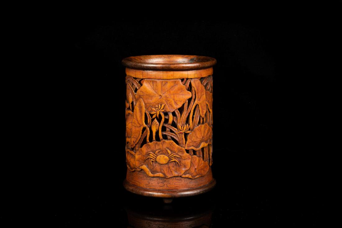 BAMBOO CARVED 'LOTUS FLOWERS' BRUSH POT (1 of 5)
