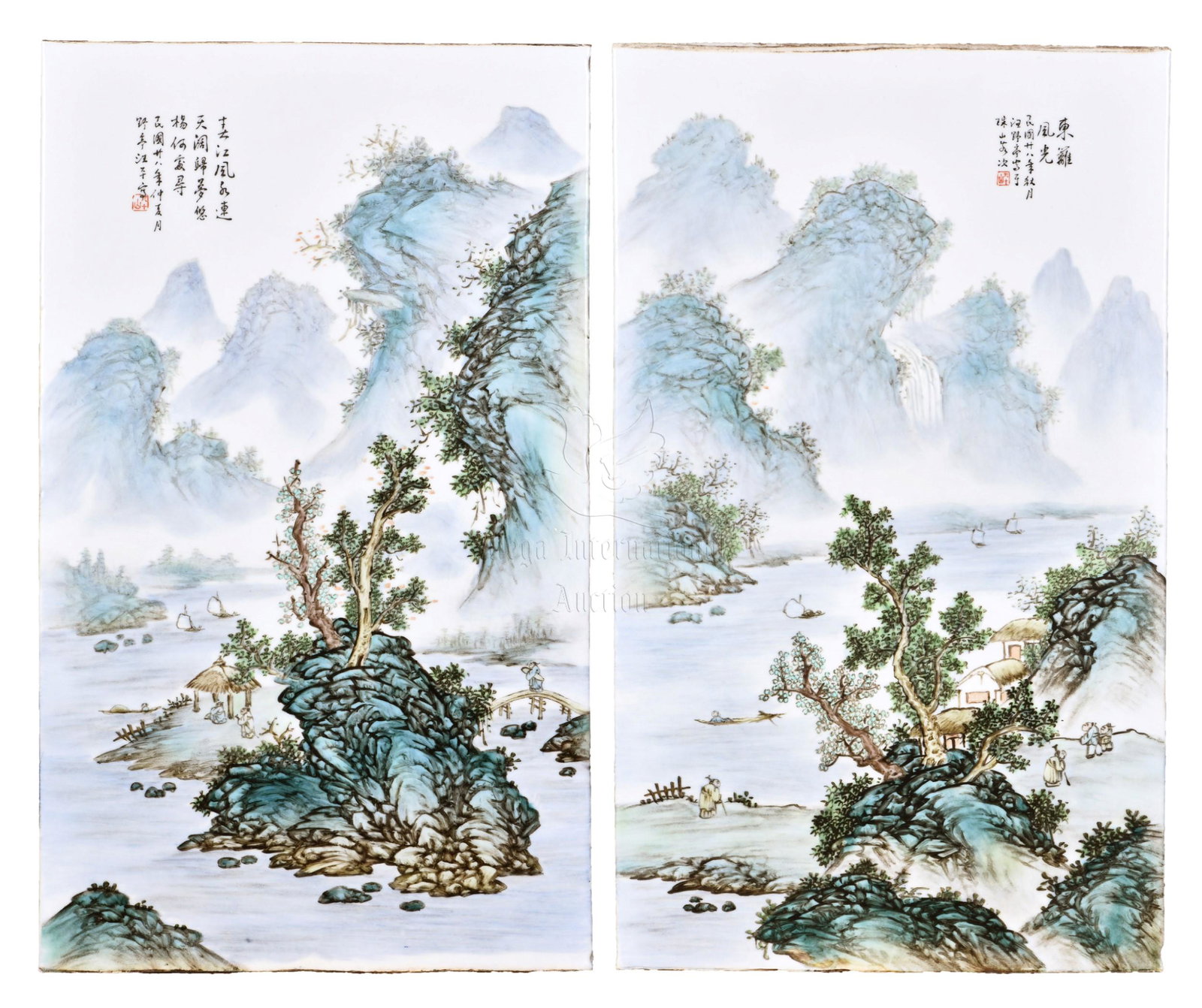 PAIR OF FAMILLE ROSE 'LANDSCAPE' PLAQUES: The pair of famille rose plaques depicts landscape scenery, including mountains, river, trees, huts, boats, and people, artist colophon, signature and mark WANG YETING on top. Length: 21 3/4 in (55.2 