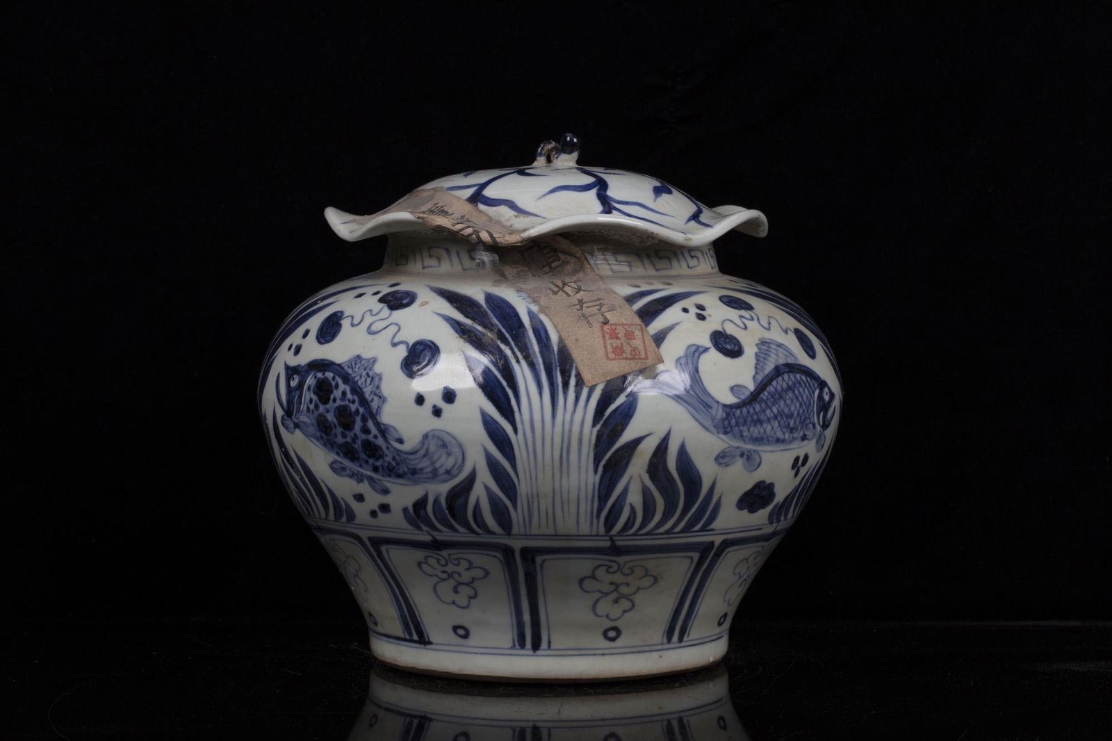 BLUE AND WHITE 'FISH AND ALGAE' JAR WITH COVER (1 of 7)