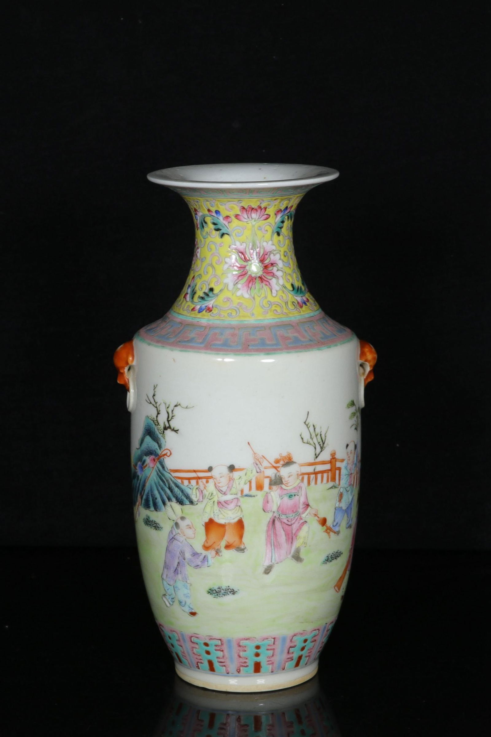 FAMILLE ROSE 'CHILDREN' VASE WITH BEAST MASK HANDLES (1 of 7)