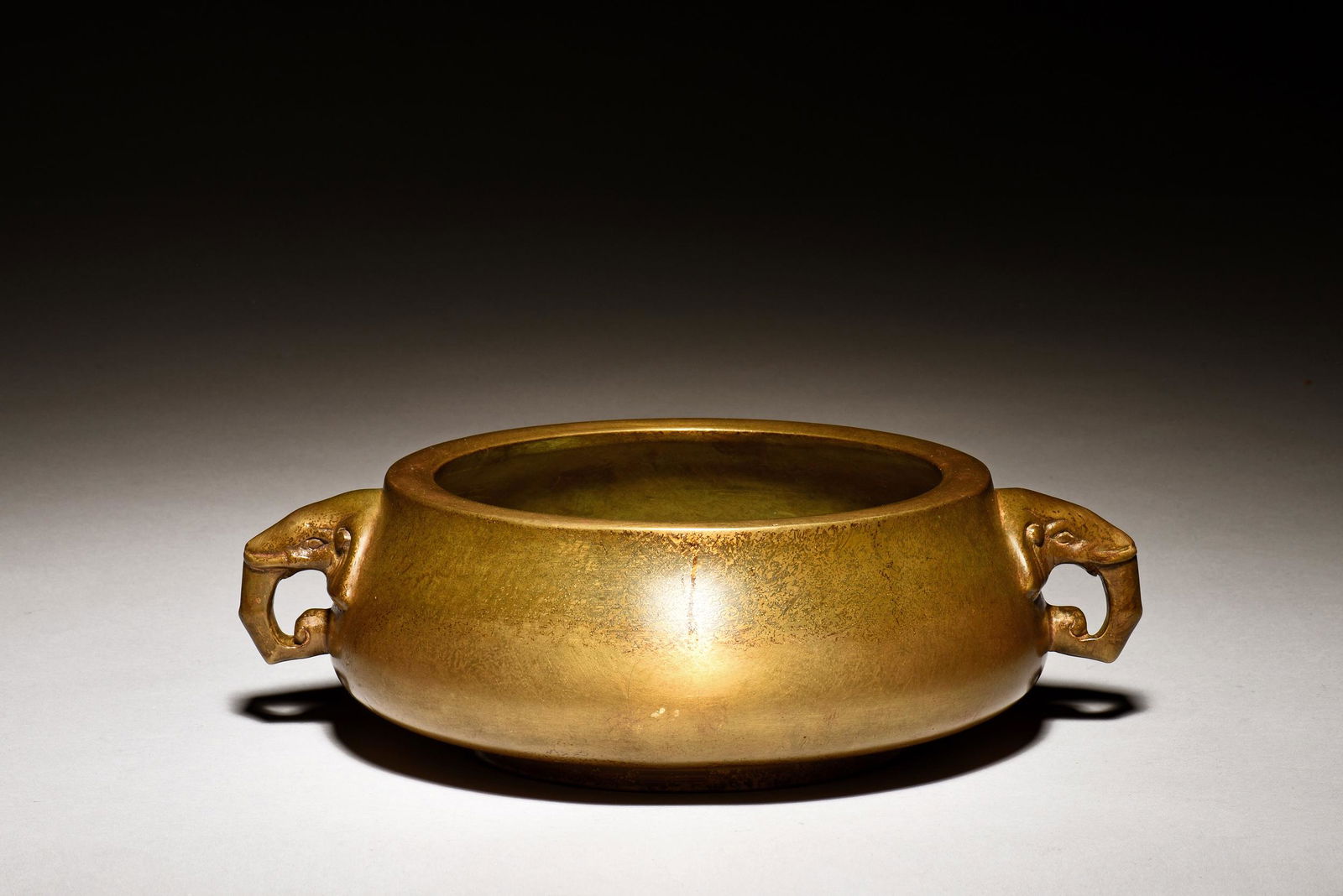 GILT BRONZE CAST CENSER WITH ELEPHANT MASK HANDLES (1 of 8)