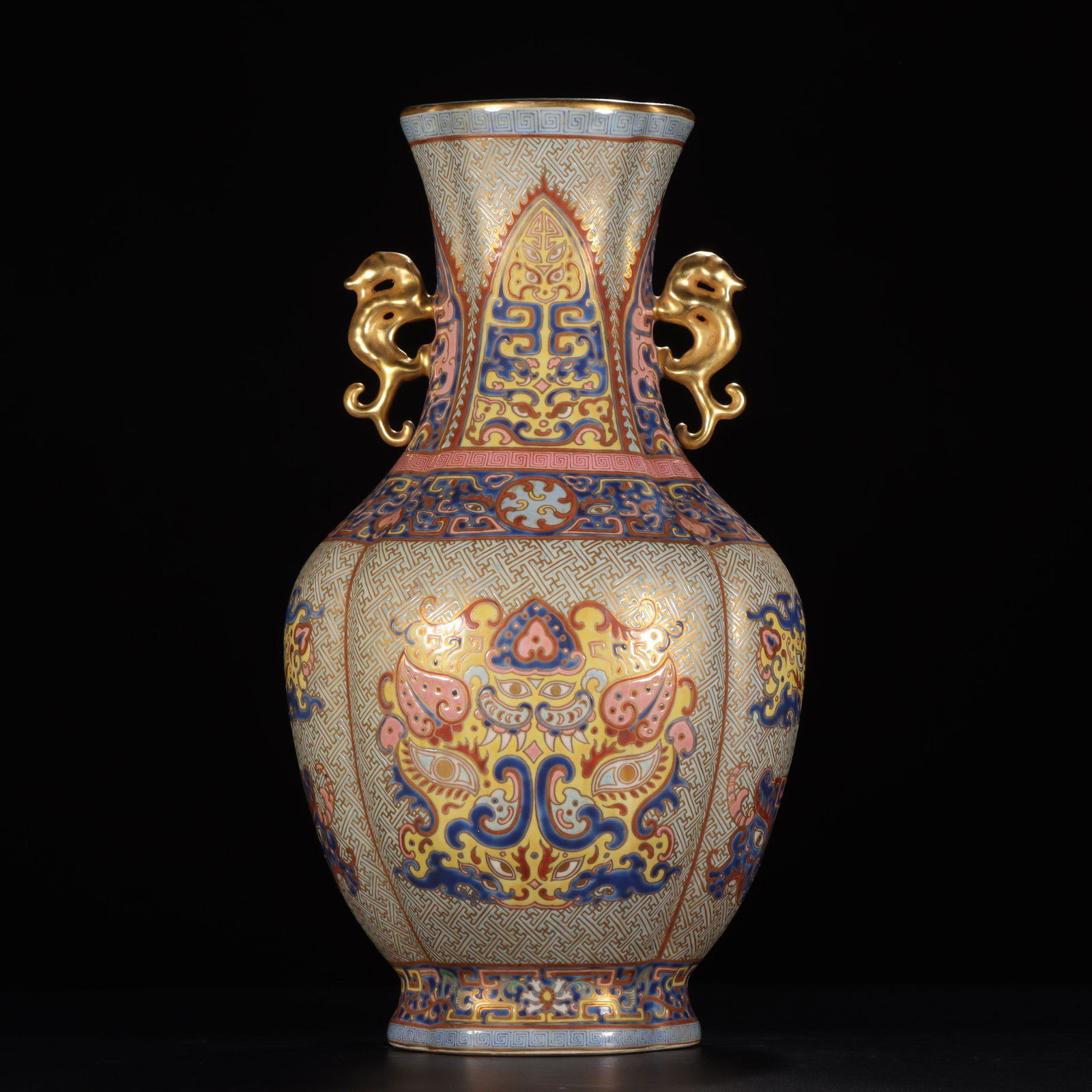 FAMILLE ROSE AND GILT 'TAOTIE MASK' LOBED VASE WITH (1 of 9)