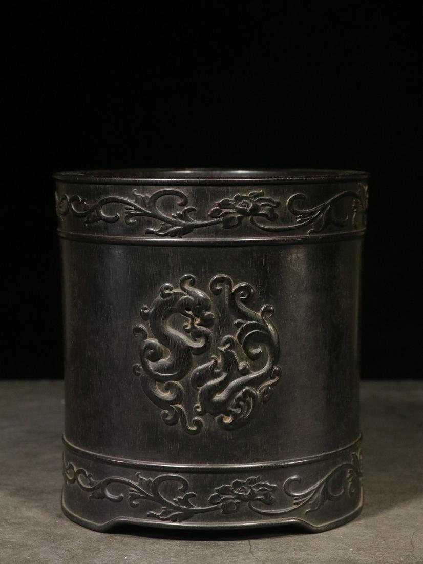 ZITAN WOOD CARVED 'DRAGONS' BRUSH POT (1 of 9)