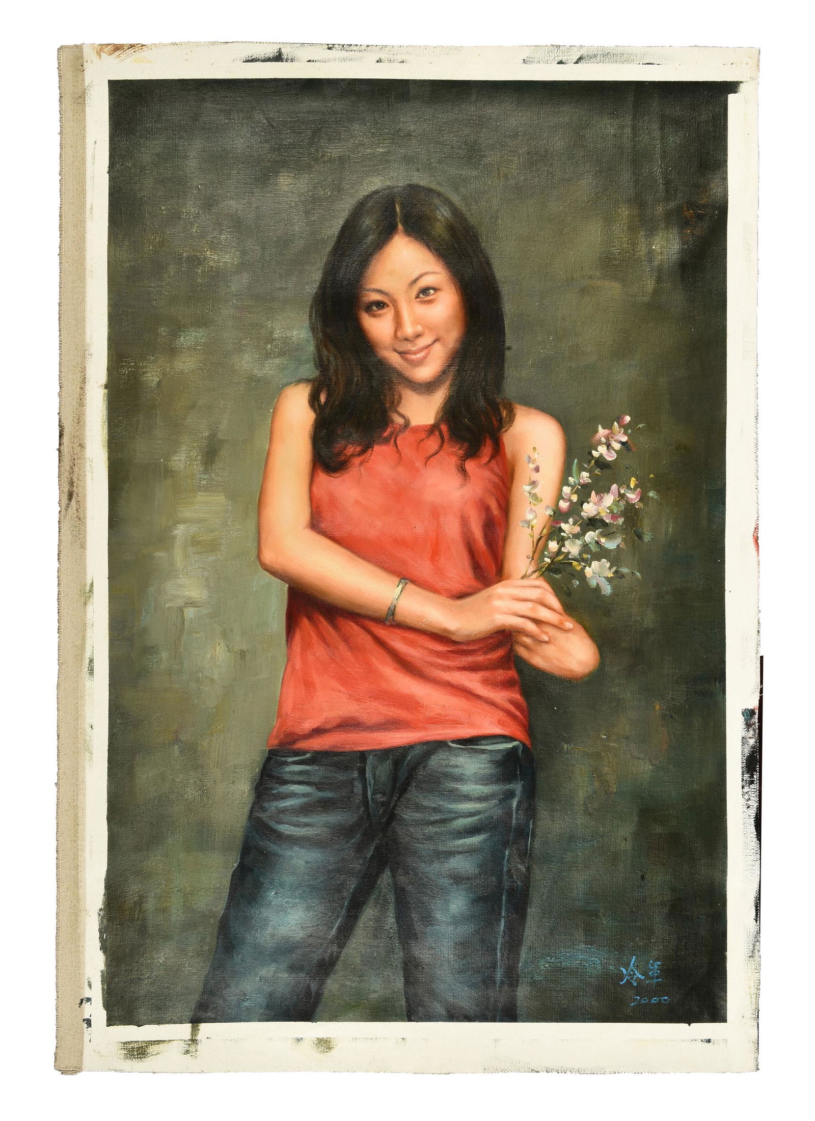 LENG JUN: OIL PAINTING ON CANVAS 'GIRL': 冷軍 布面油畫人物 Oil painting on canvas, unmounted. The painting depicts a young girl holding branches of flowers with smiling expression, artist signa