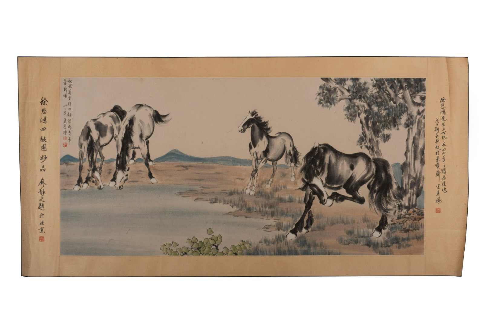 XU BEIHONG FOUR HORSES PAINTING: XU BEIHONG FOUR HORSES PAINTING XU BEIHONG FOUR HORSES PAINTING Length: 52 1/2 in (133.3 cm) Width: 26 3/4 in (67.9 cm)