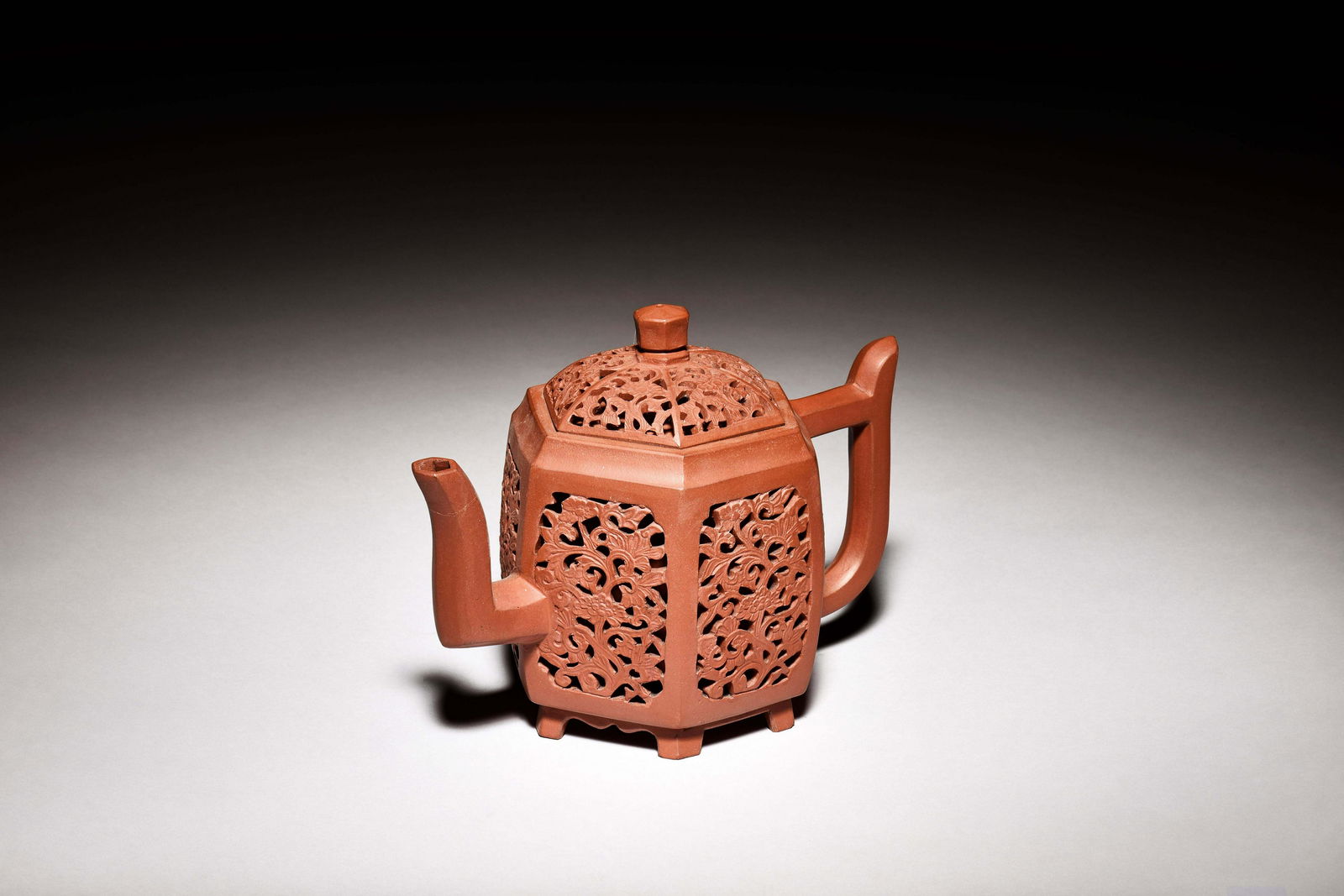 YIXING ZISHA OPENWORK CARVED 'FLOWERS' HEXAGONAL TEAPOT (1 of 6)