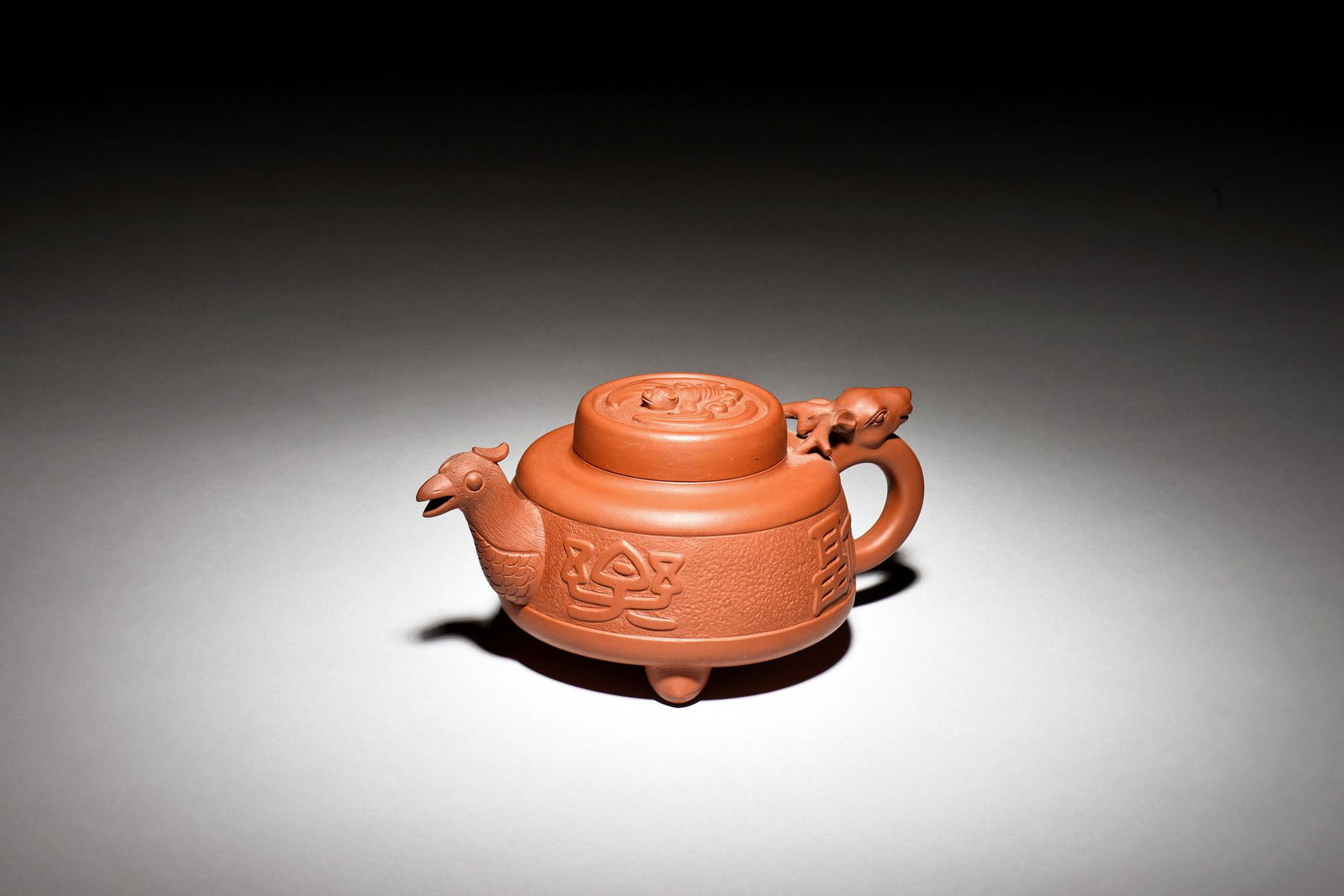 YIXING ZISHA 'MYTHICAL ANIMALS' TRIPOD TEAPOT (1 of 10)