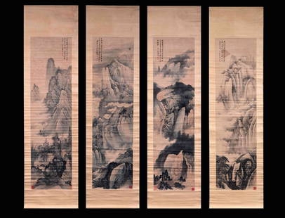 CHEN JIRU: SET OF FOUR INK AND COLOR ON PAPER PAINTINGS: 陈继儒山水四条屏 Chen Jiru: set of four ink and color on paper paintings 'Landscape Scenery' Length: 70 7/8 in (180.0 cm) Width: 17 3/4 in (45.0 cm)