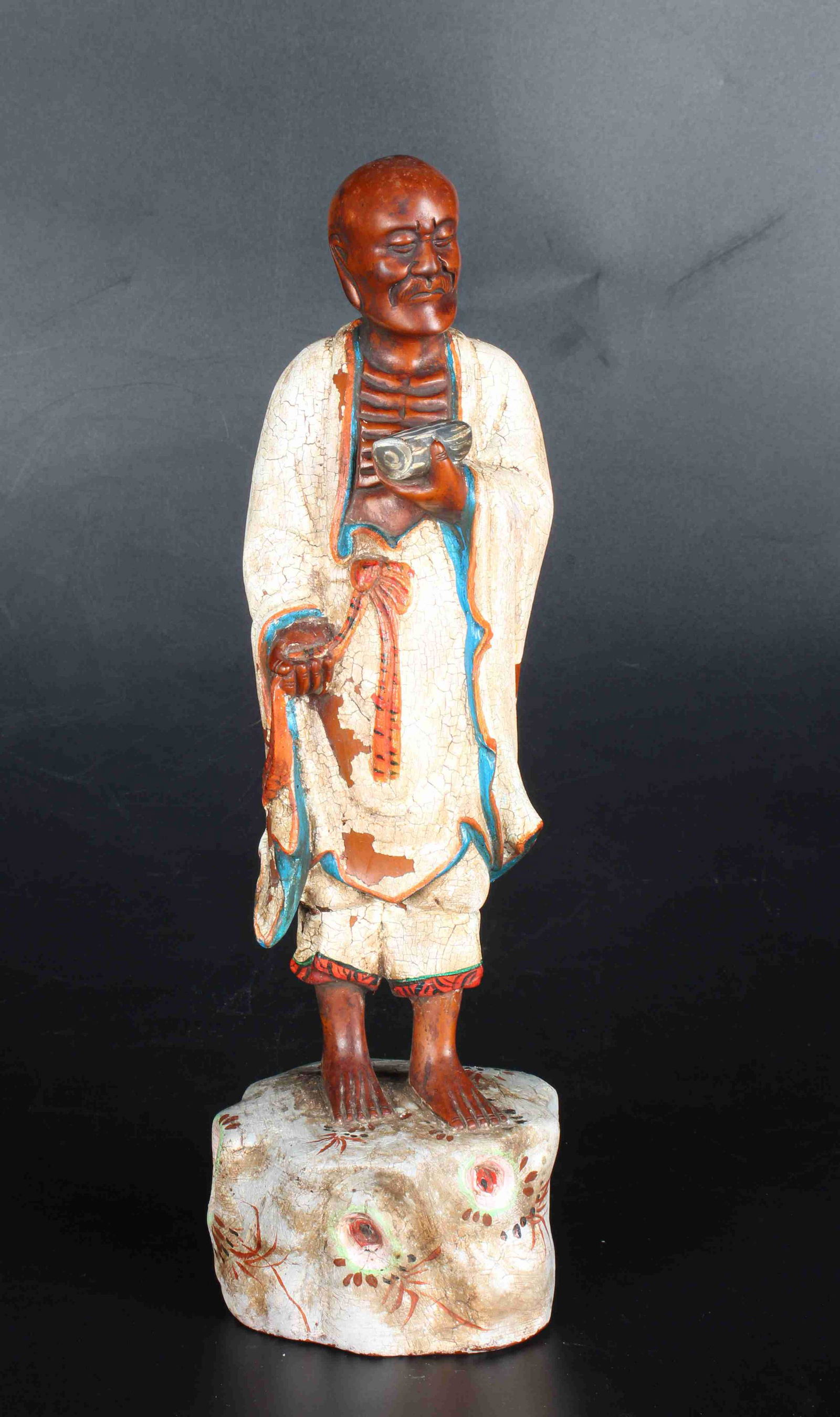 A CHINESE BOXWOOD ARHAT STATUE PAINTED WITH COLOR, QING (1 of 8)