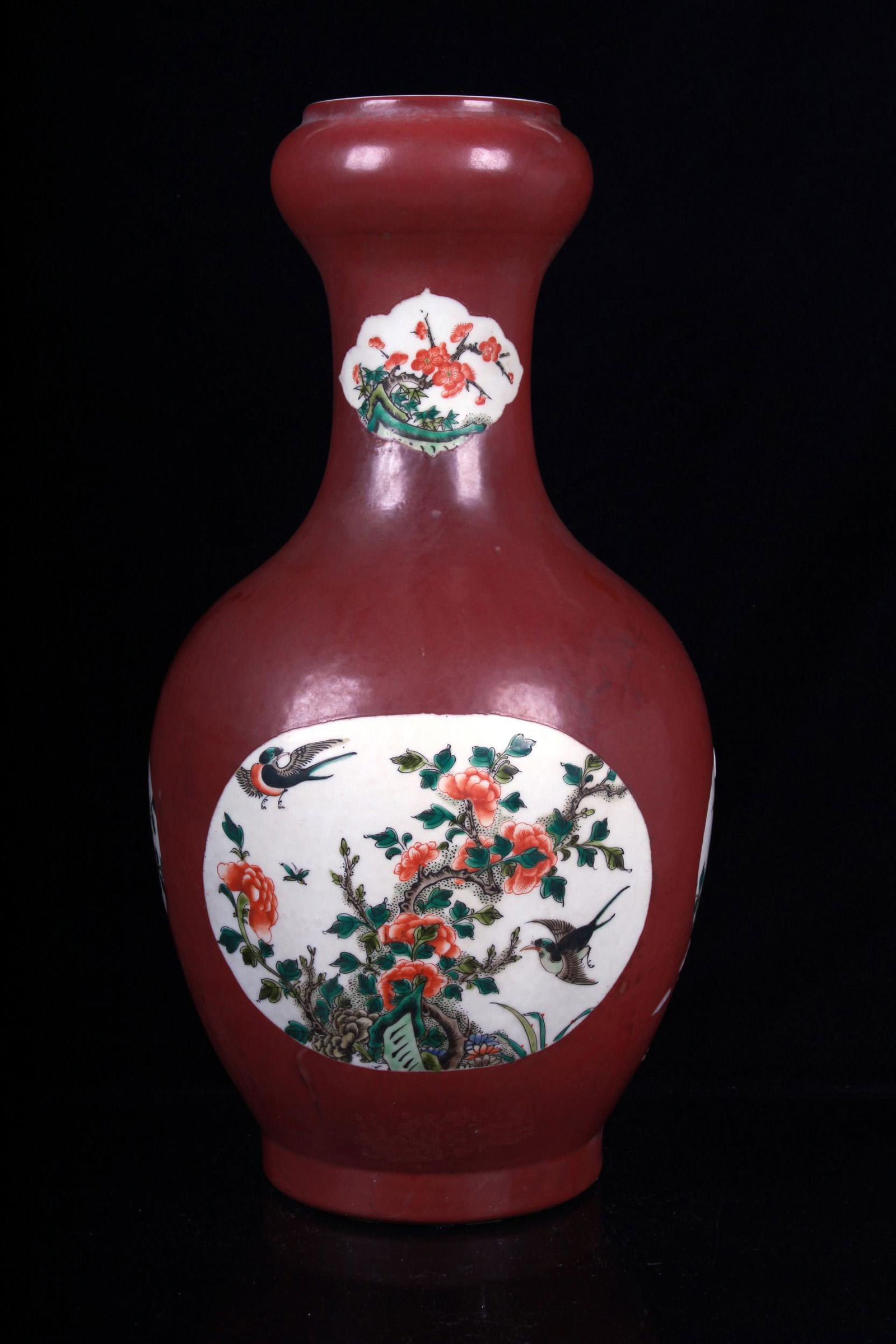 MONOCHROME RED GLAZED OPEN MEDALLION 'FLOWERS AND (1 of 6)