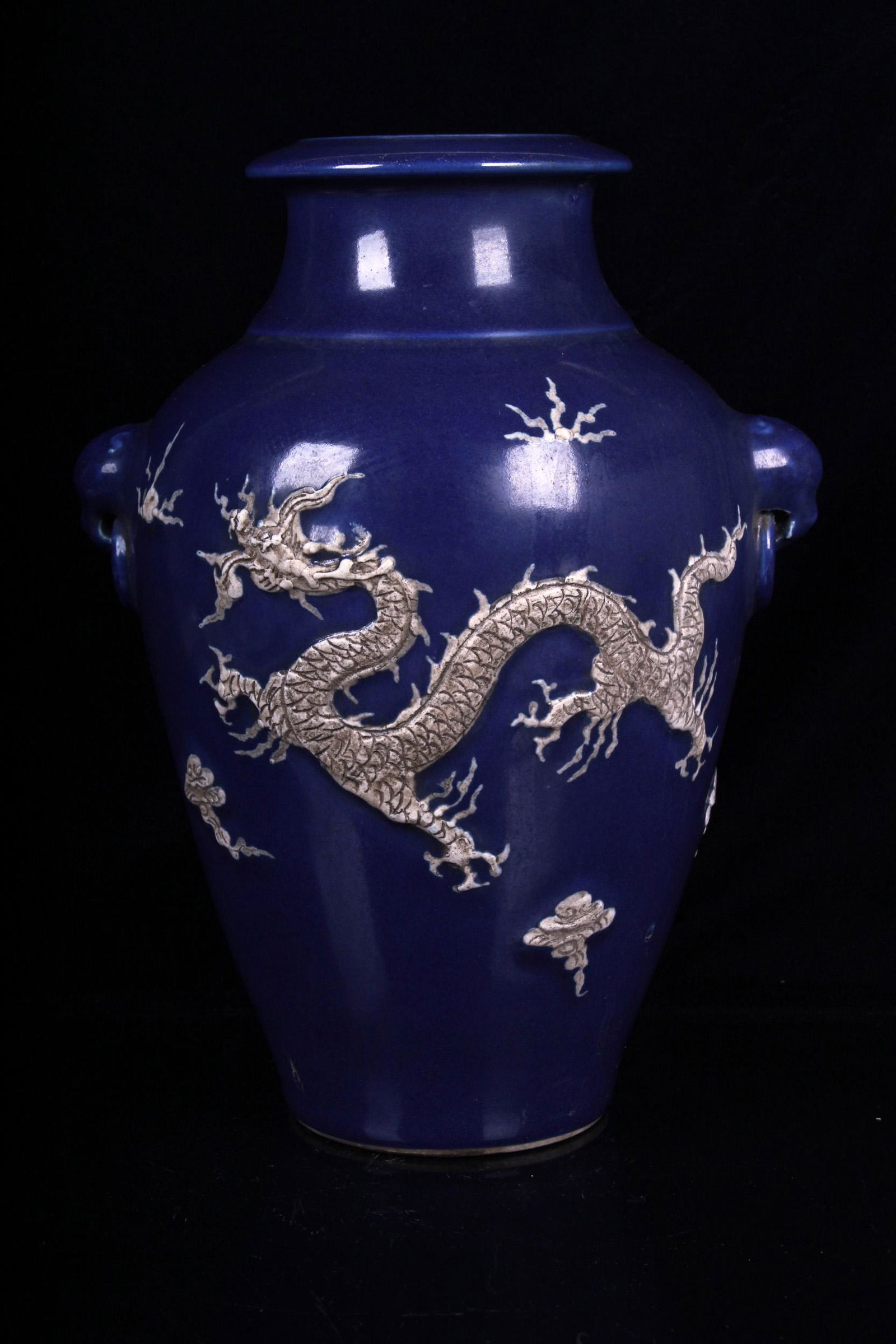 MONOCHROME BLUE GLAZED 'DRAGON' VASE WITH HANDLES (1 of 7)