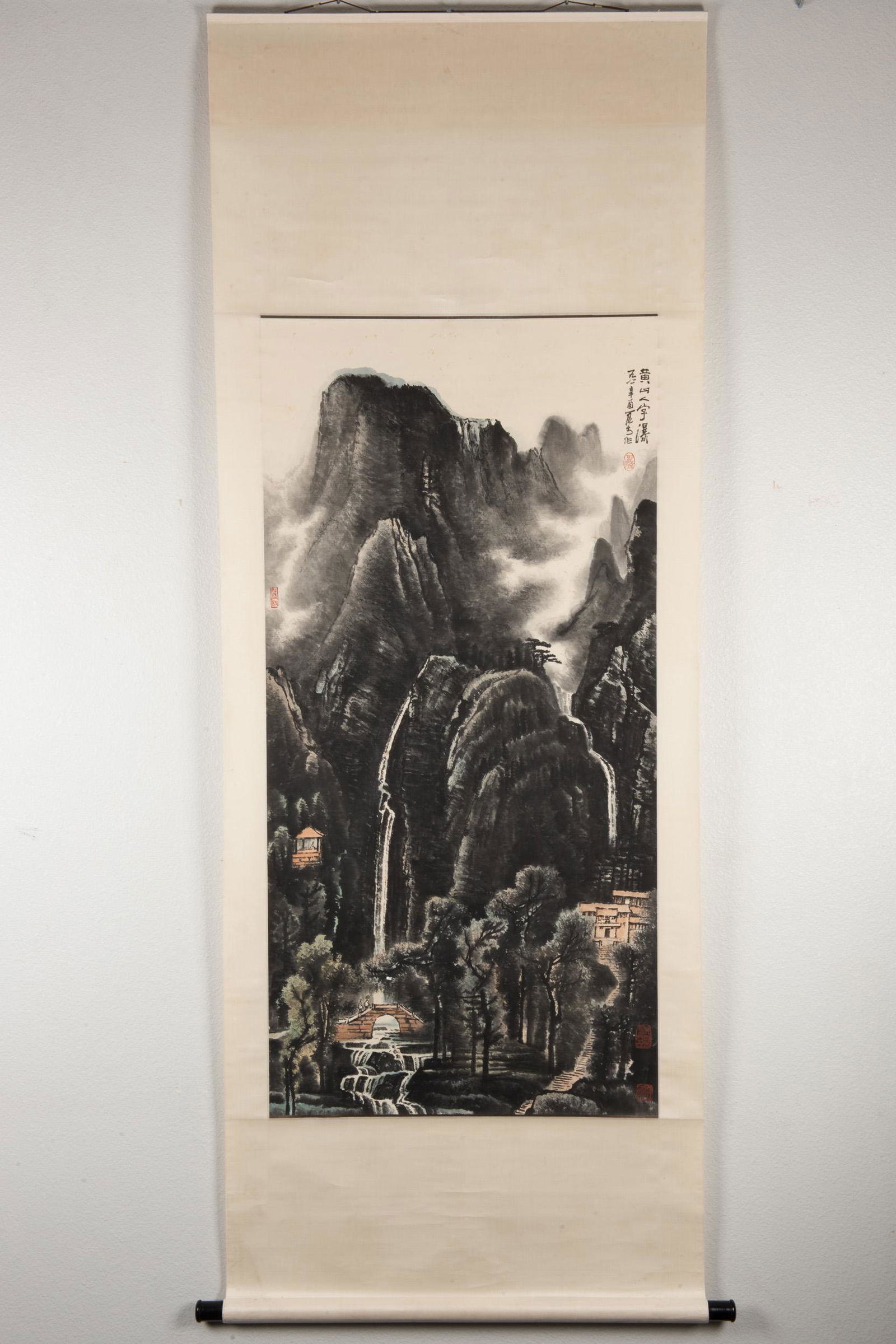 LI KERAN: INK AND COLOR ON PAPER PAINTING 'LANDSCAPE: 李可染 山水 Li Keran: ink and color on paper painting 'Landscape Scenery' Height: 54 in (137.2 cm) Width: 26 in (66.0 cm) Scroll Length: 36 1/2 in (92.7 cm)