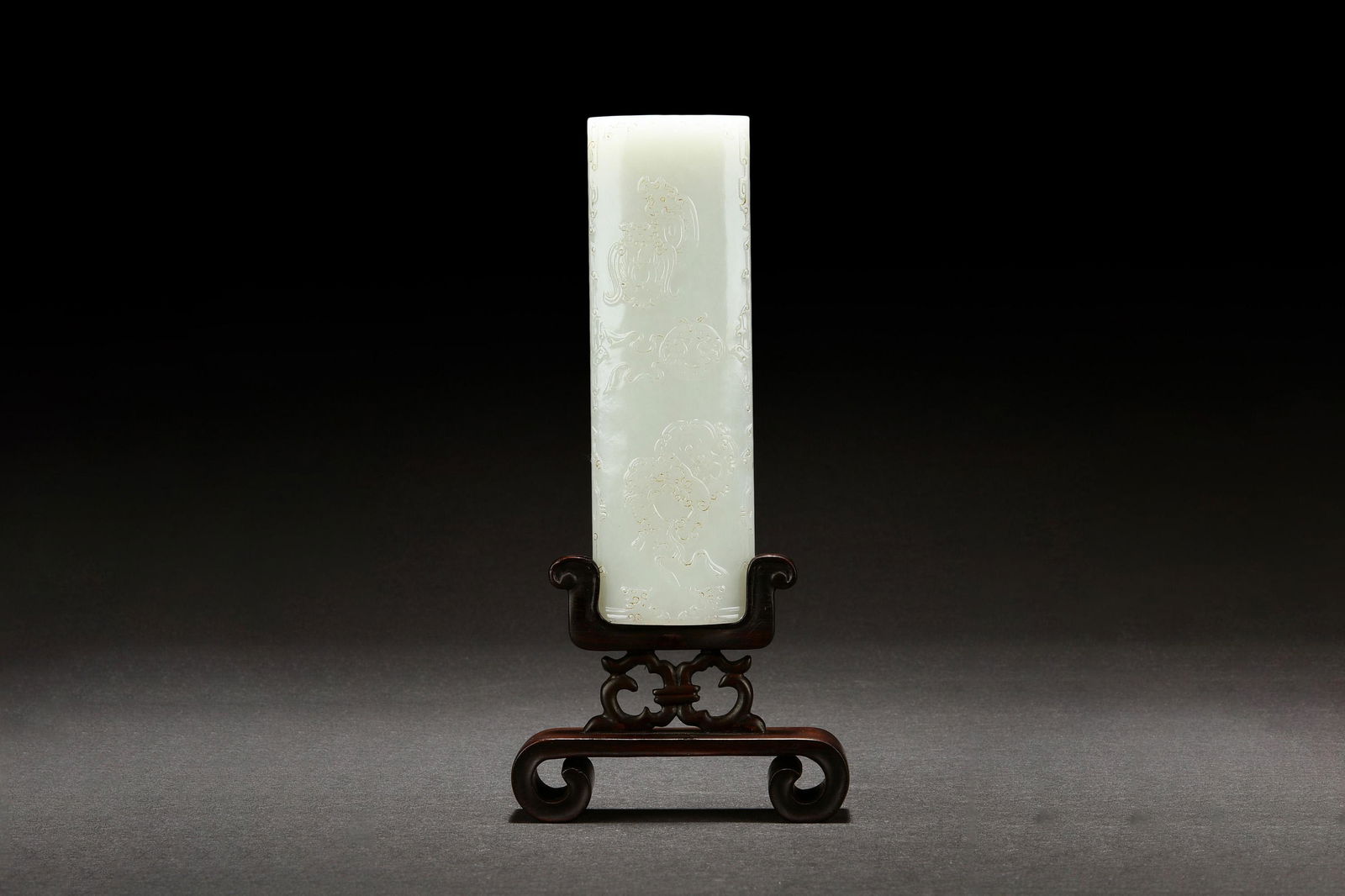 WHITE JADE 'EMBLEMS' WRIST REST WITH WOODEN STAND (1 of 3)