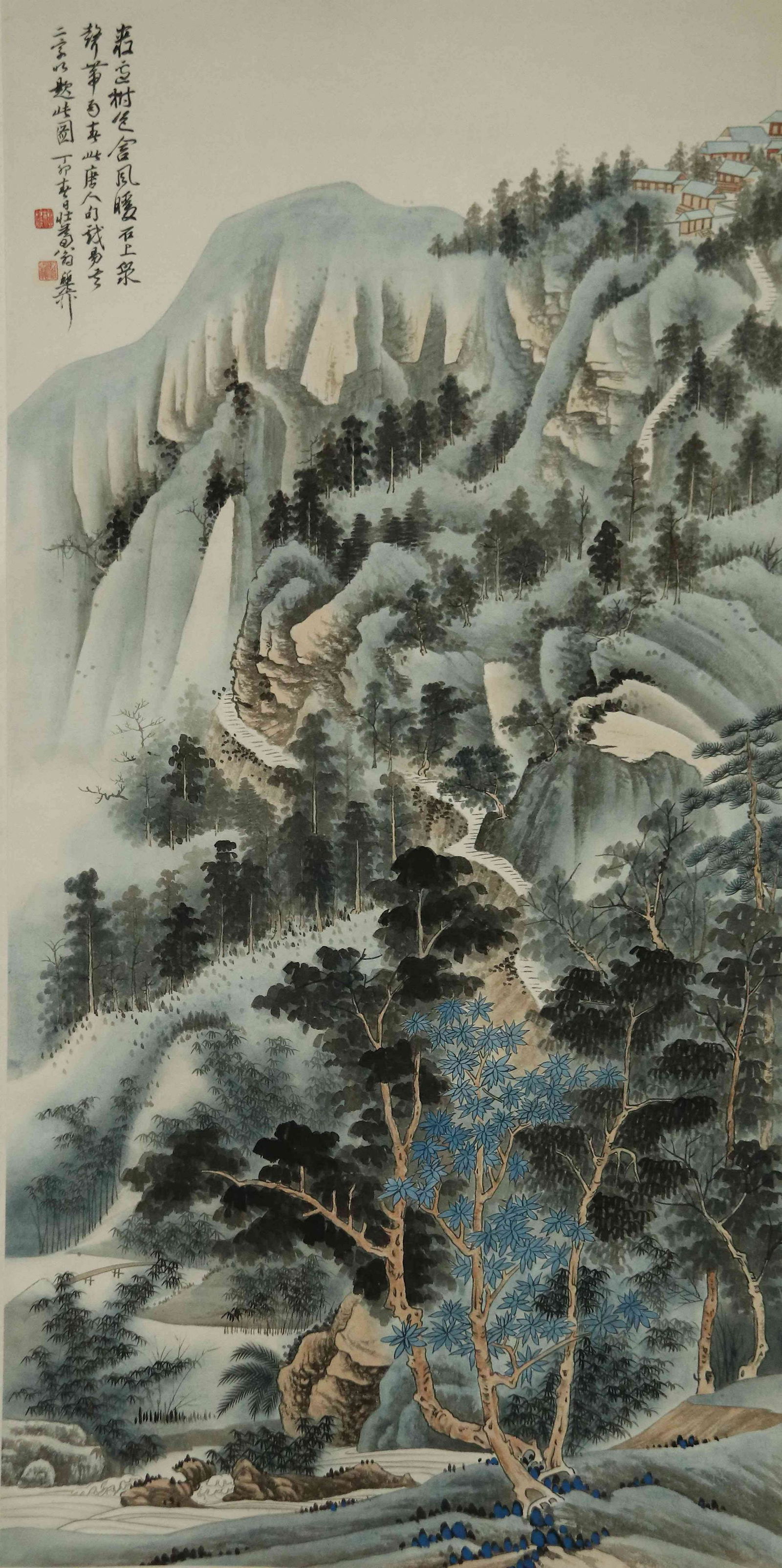 XIE ZHILIU: INK AND COLOR ON PAPER PAINTING 'LANDSCAPE: 谢稚柳山水立轴 Xie Zhiliu: ink and color on paper painting 'Landscape Scenery' Length: 51 5/8 in (131.0 cm) Width: 25 5/8 in (65.0 cm)