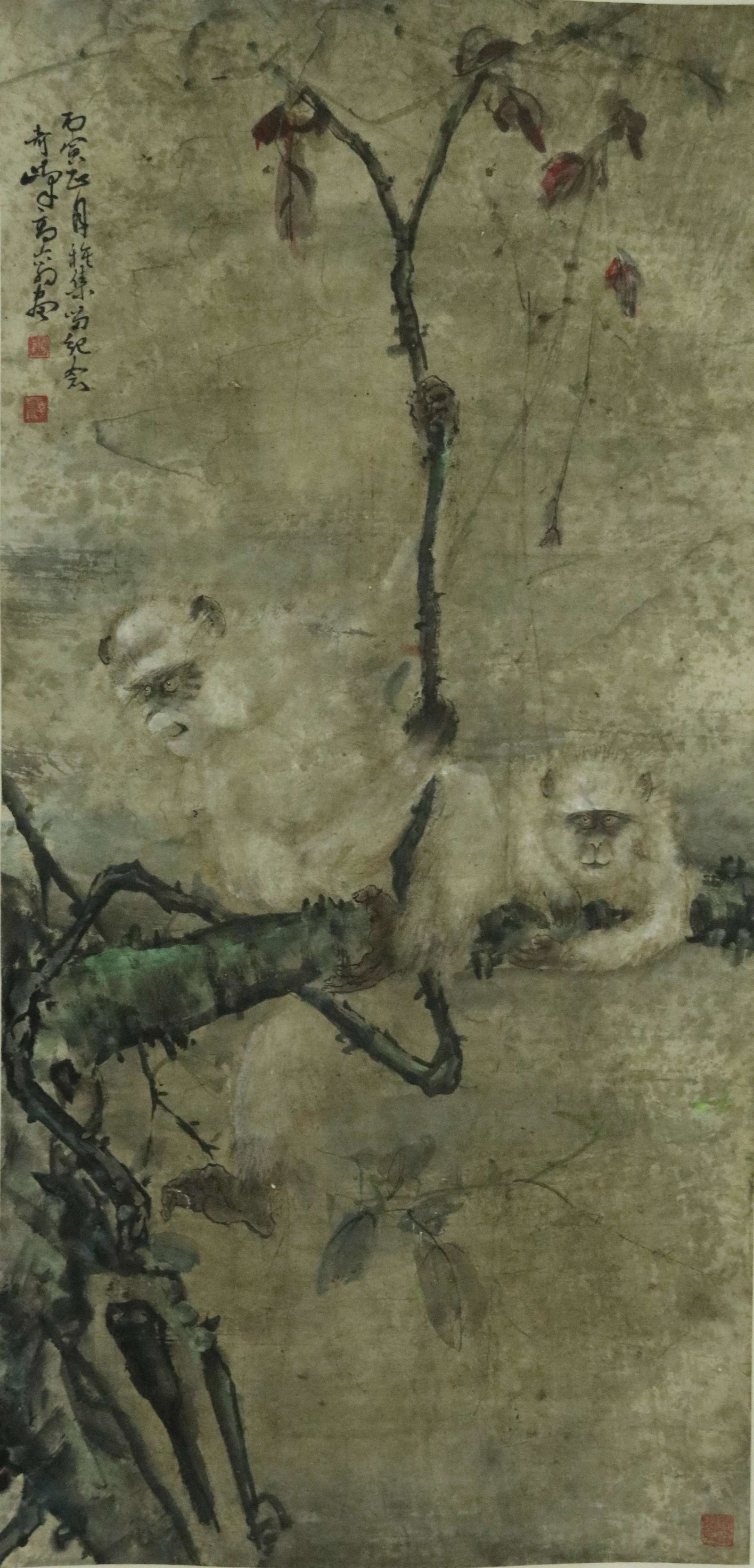 GAO QIFENG: INK AND COLOR ON PAPER PAINTING 'MONKEY': 高奇峰猴立轴 Gao Qifeng: ink and color on paper painting 'Monkey' Length: 53 7/8 in (137.0 cm) Width: 26 1/2 in (67.0 cm)