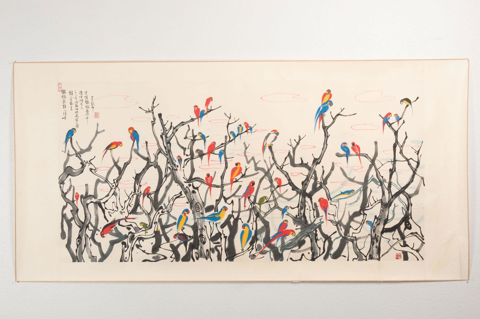WU GUANZHONG: INK AND COLOR ON PAPER PAINTING 'PARROTS' (1 of 8)