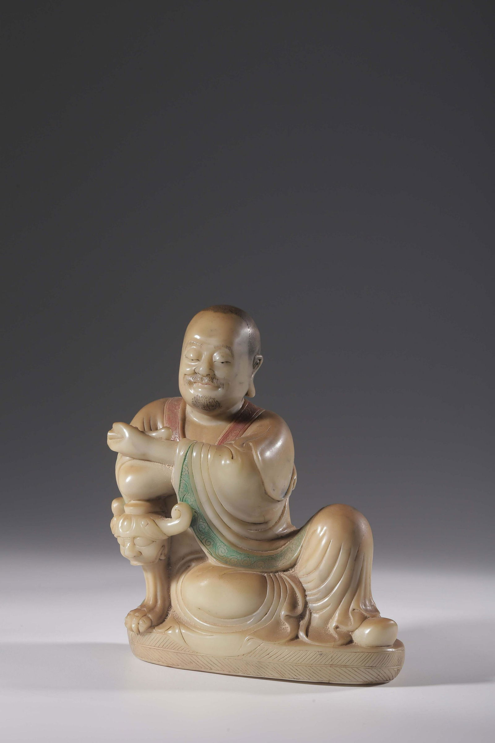 SHOUSHAN SOAPSTONE CARVED AND PAINTED 'ARHAT' SEATED (1 of 9)