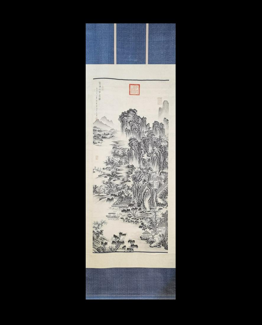 LANDSCAPE SCROLL BY WANG MENG: 王蒙 移居图 挂轴 纸本 Landscape scroll by Wang Meng Length: 55 1/8 in (140.0 cm) Width: 24 1/8 in (61.0 cm)