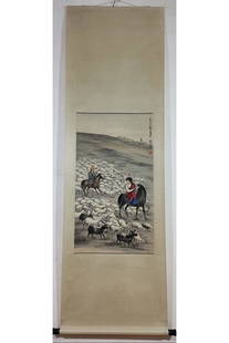 ZHAO WANGYUN: INK AND COLOR ON PAPER PAINTING 'SHEPHERD: 赵望云 精品纸本放羊图立轴 Zhao Wangyun: ink and color on paper painting 'Shepherd and Sheep' Length: 34 7/8 in (88.5 cm) Width: