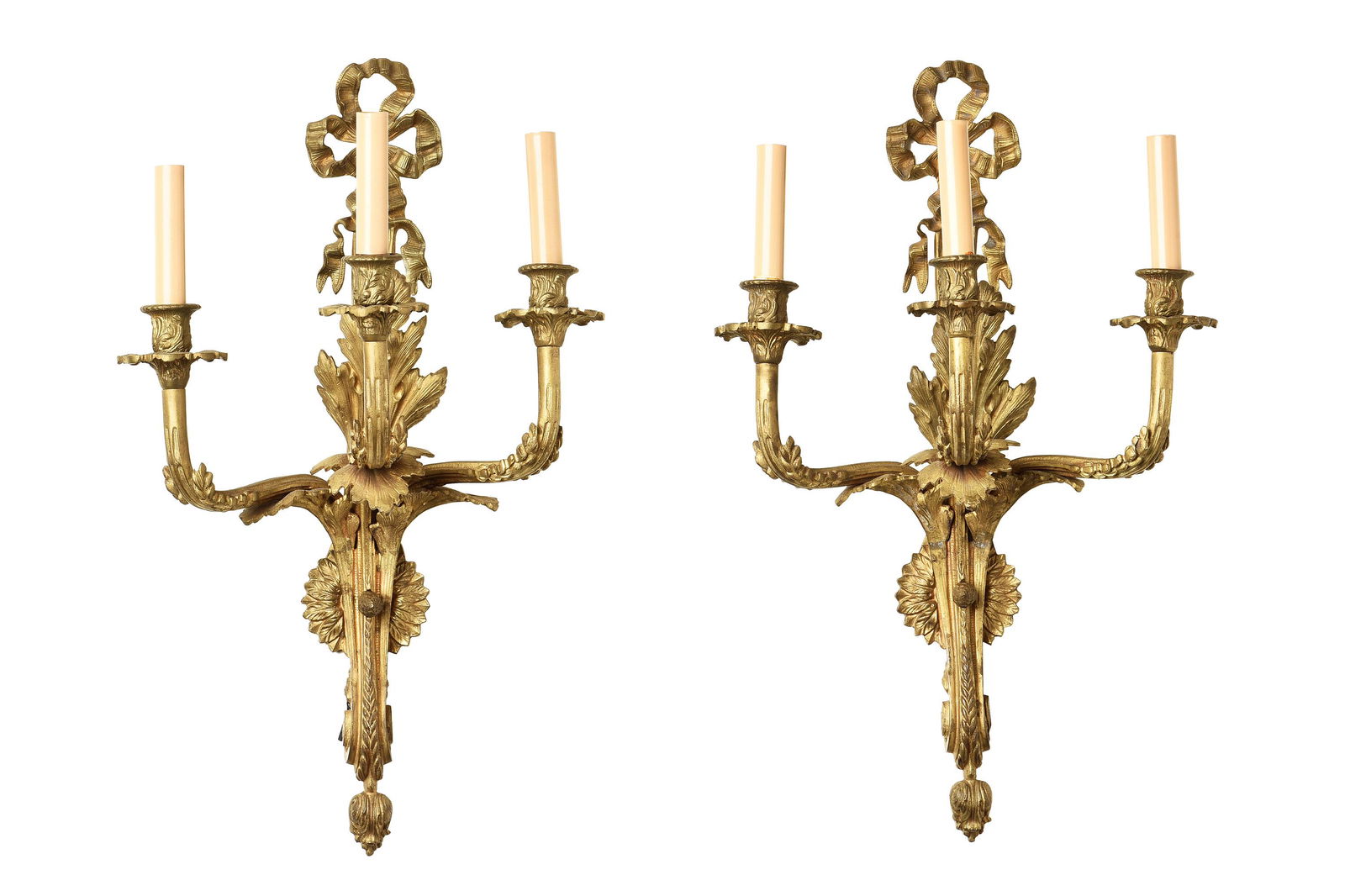 PAIR OF LOUIS XV STYLE 3-ARM DORE BRONZE SCONCES (1 of 11)