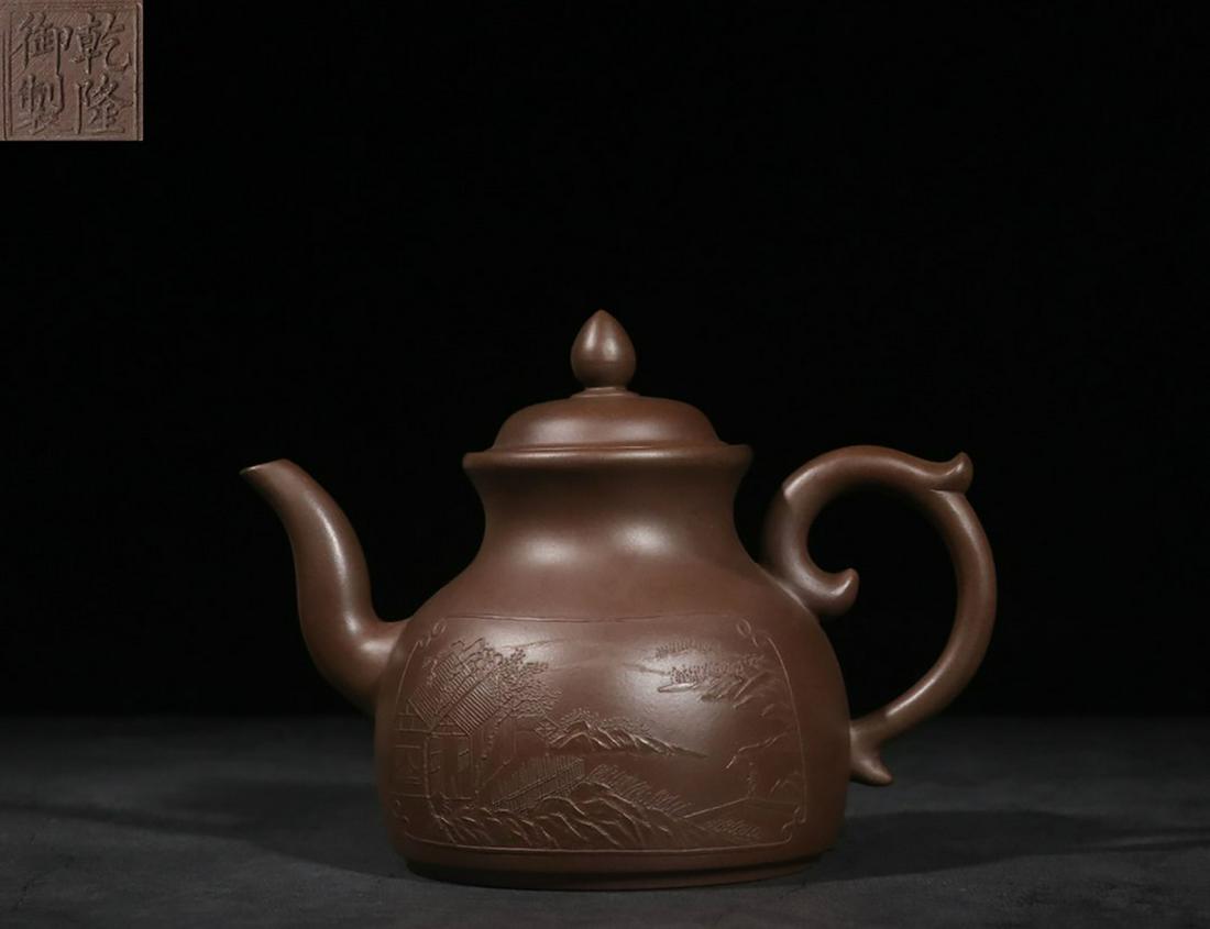 YIXING ZISHA OPEN MEDALLION 'LANDSCAPE SCENERY' BROWN: “乾隆年制”款手工刻风景文字紫砂壶 Yixing Zisha open medallion 'Landscape Scenery' brown clay teapot