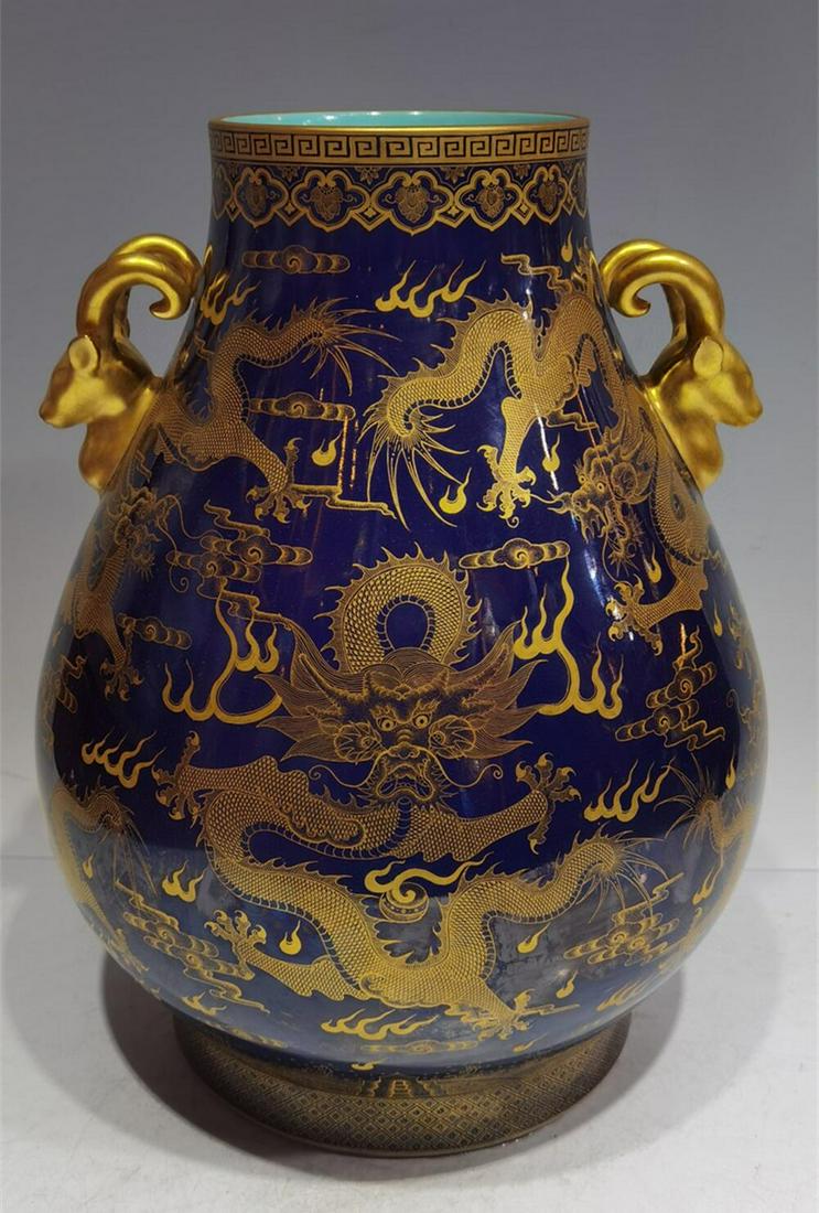BLUE GLAZING GROUND REAL GOLD DRAGONS VASE (1 of 9)