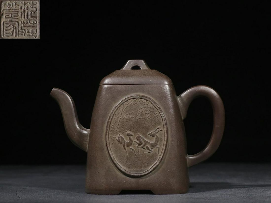YIXING ZISHA BROWN CLAY OPEN MEDALLION 'DEER' EXPANDED RECTANGULAR TEAPOT (1 of 9)