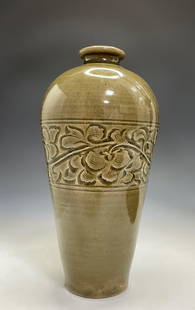 YAOZHOU WARE GLAZED AND IMPRESSED 'FLOWERS' VASE, MEIPING: 耀州瓷梅瓶 Yaozhou ware glazed and impressed 'Flowers' vase, meiping Height: 8 3/8 in (21.0 cm) Diameter: 4 2/8 in (10.5 cm)