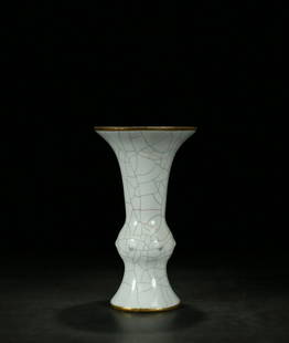 GUAN WARE GILT ENCLOSED VASE, GU: 【官窑·包金花觚】 Guan ware gilt enclosed vase, gu Height: 10 1/2 in (26.5 cm) Diameter: 5 7/8 in (15.2 cm)
